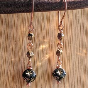 Celestial Star Earrings Black And Gold Dangle Copper Wrapped Design